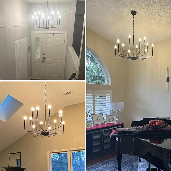 Black Chandelier, 12-Light Farmhouse Chandeliers for Dining Room, Classic Candle Ceiling Pendant Light Fixture for Living Room, Foyer, Kitchen Island, Bedroom, Entryway