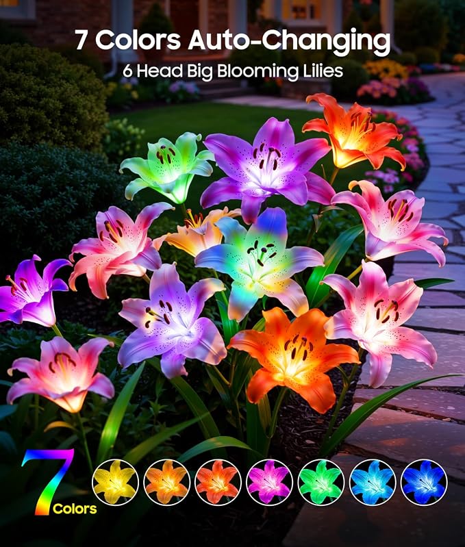 LETMY Solar Garden Lights, 4 Pack Solar Flower Lights with 6 Head Bigger Lily Lights, IP65 Waterproof Solar Lights Outdoor, Decorative Lights for Garden, Patio, Yard, Flower Bed