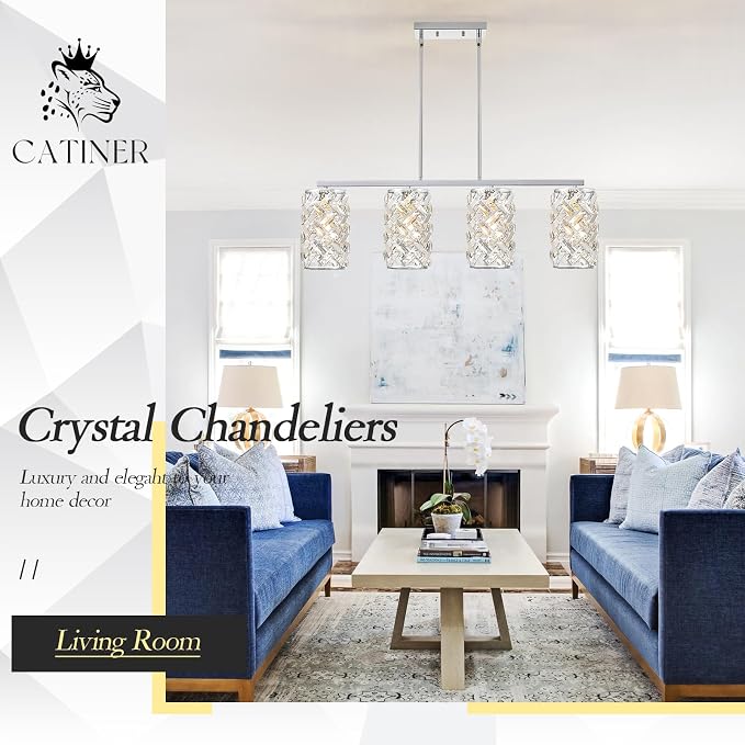 40" Chrome Crystal Linear Chandelier, 4-Light Kitchen Island Pendant | 40-inch chrome crystal linear chandelier with adjustable height, 4 E26 lights, dimmable for kitchen islands and dining rooms