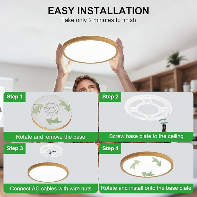 LED Flush Mount Ceiling Light: 12 inch 1Pack Super Slim Dimmable & 5CCT (2700-6500K) Kitchen Lighting Fixtures Ceiling - 24W Wooden Low Profile Ceiling Lamp for Bedroom Garage Hallway