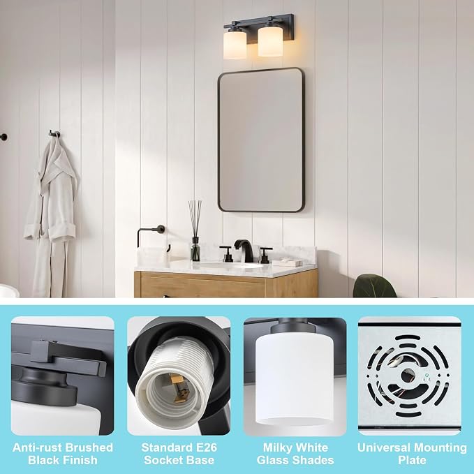 Modern Bathroom Light Fixtures Over Mirror, Vanity Lights for Bathroom Wall Sconces with Milky White Glass Shades, E26 Socket (Bulbs Not Included), 2 Light, Black