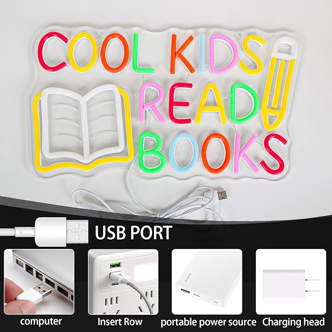 Cool Kids Read Books Neon Sign for Wall Decor, Dimmable Reading LED Neon Lights Sign for Classroom, Library, Kids Room, Reading Corner, Study Room, Book Club Decoration