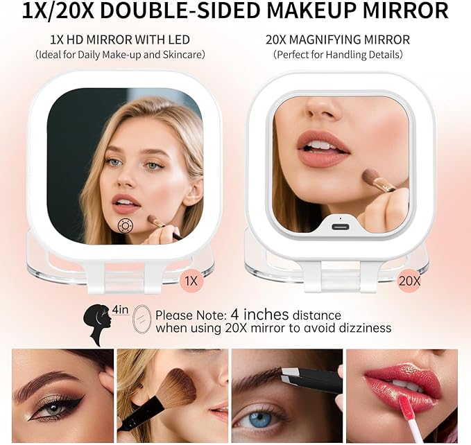 FUNTOUCH Rechargeable Travel Makeup Mirror, 20X/1X Magnifying Double Sided Makeup Mirror, Lighted Portable Vanity Mirror,3 Colors Lighting & Stepless Dimming,with Tweezers & Bag,Gift for Women,White