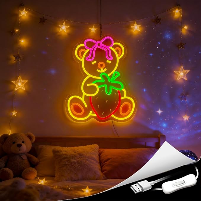 Strawberry Bear Neon Sign Girl Room Decor Led Neon Lights Signs for Wall Decor USB Powered Led for Room Decoration