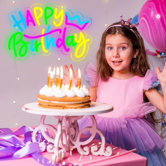 Happy Birthday Neon Sign – Colorful LED Light-Up Sign for Birthday Party Backdrops, USB Powered with Dimmable, Wall Decoration for All Ages, with 2 Birthday Cards, 16.5 x 12.5 Inches