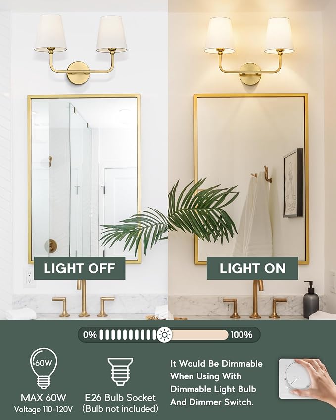 2 Light Bathroom Vanity Light, Brushed Gold Double Wall Sconce with Flared White Fabric Shade, Modern Sconces Wall Lighting for Hallway Bedroom Stairway, VL837-BG | 17" double wall sconce, upward only, E26 base, hardwired, bulbs not included, VL837-BG