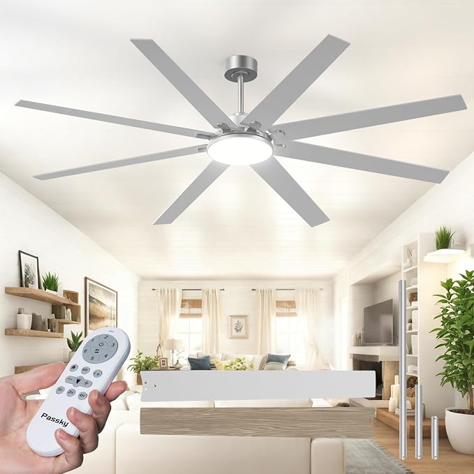 80 Inch Ceiling Fans with Lights and Remote, Nickel Modern Ceiling Fan | Reversible DC Motor, Timer, 3CCT, Dimmable, Quiet, Ceiling fan For Living Room, Patio Farmhouse, Indoor/Outdoor