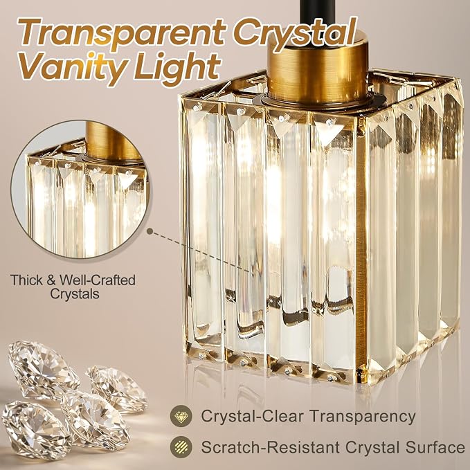 Torondo Modern Crystal Bathroom Vanity Light 4-Lights Gold Bathroom Light Fixtures Over Mirror Black and Gold Vanity Lighting Fixtures Gold Square Shade Brass Wall Sconce (Bulbs Not Include)