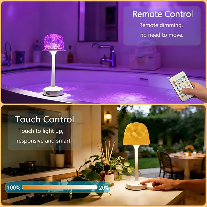 Shower Lamp Waterproof, Rechargeable Cordless Table Lamp (Khaki) | 16 color ocean wave projection with remote& touch control, Battery powered lamp for Inside Showers/ Bathtubs, Bedroom, patio