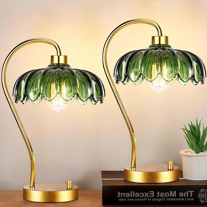 ILLMTW Flower Table Lamp Set of 2,Small Gold Bedside Lamps Dimmable Boho Bedroom Lamp with Glass Green Lamp Shade,Vintage Mid Century Modern Mini Nightstand Lamp for Bedroom Living Room