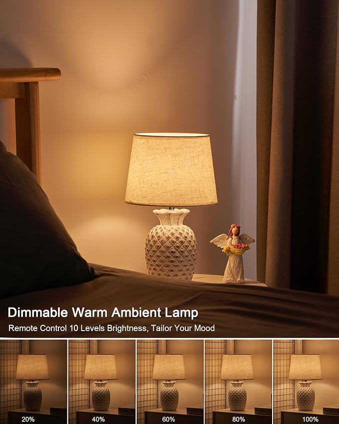 UMEXUS 13" Small Rechargeable Cordless Table Lamp, Pineapple Ceramic Base | Battery Powered, Remote Control Timer Dimmer, RGB & Warm Lights, Farmhouse Decorative Nightstand Lamp for Kitchen Living Room