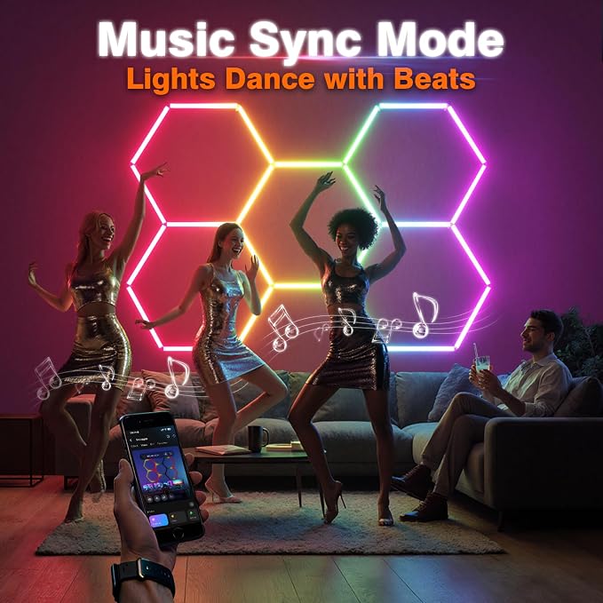 RGB Hexagon Garage Lights, Music Sync LED Hexagon Lights for Gaming Room, Smart App & Remote Control, DIY Honeycomb Ceiling Light for Studio Gym Basement Deco