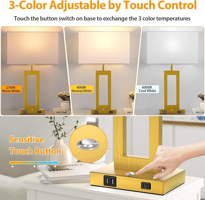 Table Lamps for Bedrooms Set of 2, 27.2’’ Super Tall Modern Gold Lamps for Living Room Nightstand End Tables, Button Touch Control Bedside Lamps with 2 USB Ports, 3 Color Temp. E26 Bulbs Included