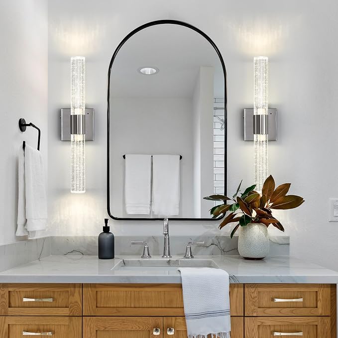 Wireless Wall Sconces Set of Two Battery Operated, 4000K Dimmable Crystal LED Bathroom Sconces Wall Lighting Modern Indoor Nickel Wall Lights for Bedroom Living Room