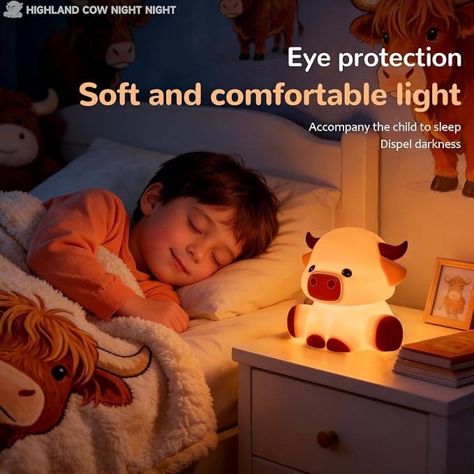 Highland Cow Night Light for Kids, Dimmable and Timed Silicone Night Lamp, Highland Cow Lamp for Nursery Bedroom Suitable for Room Decor and Themed Gifts