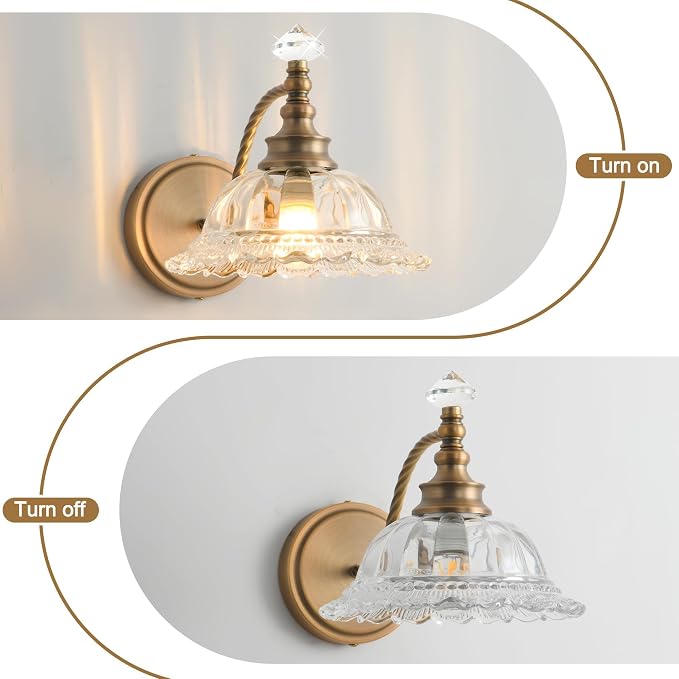 Vintage Bathroom Vanity Light Fixtures, with Floral White Glass Shade, 1-Light Brass Light Fixtures Over Mirror Mid Century Farmhouse Wall Mount Lighting for Bedroom, Living Room, Hallway