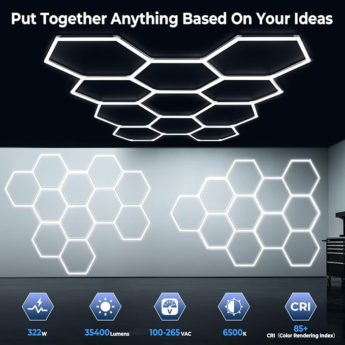 322W Hexagon LED Garage Lights 2026 Updated, 11 Grids 1.3-inch Widened Light Surface, Thickened-PC Shell, Hex LED Lighting for Garage, Car Detailing, Gym, Workshop, Basement