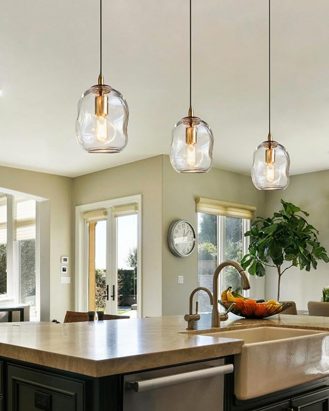CASAMOTION Modern Glass Pendant Light Kitchen Island Brass Gold Blown Clear Glass, Organic Globe Design Industrial Contemporary Style Sink Bar Counter Porch Small Medium Lamp 8 Inch H