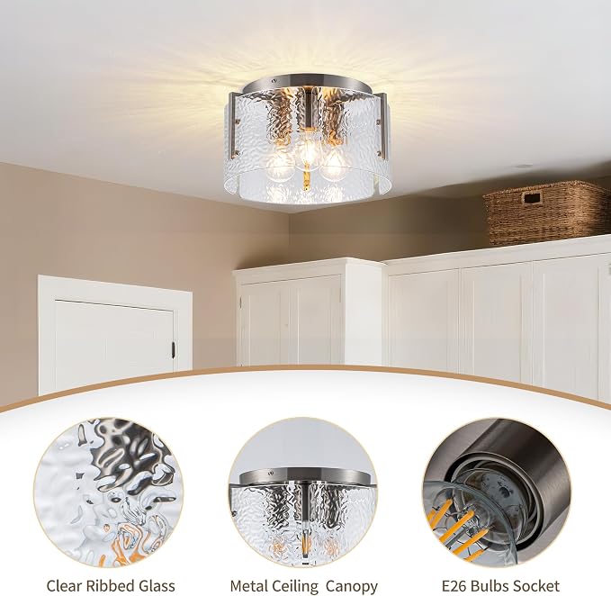 MAYNA Modern Nickel Semi Flush Mount Ceiling Light Fixture, 3-Light Glass Ceiling Light, Hallway Light Fixtures Ceiling Mount for Kitchen Entryway Bedroom Laundry Room