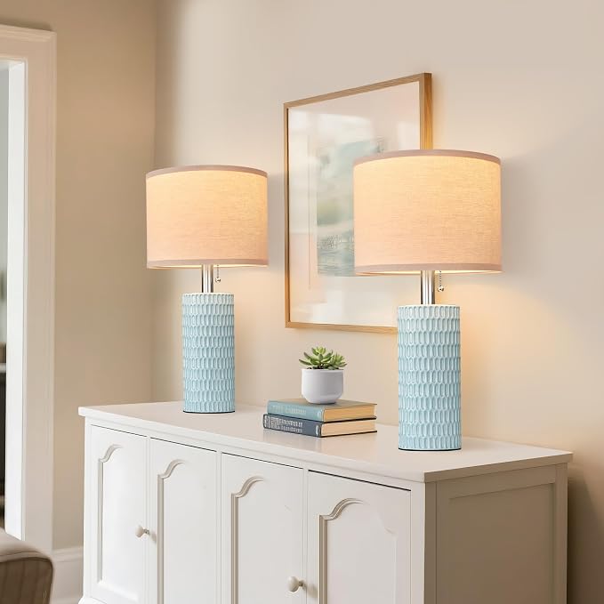 Reaketon 20.5" Modern Ceramic Table Lamps for Bedroom Set of 2, Bedside Lamps for Night Stands with Beige Lampshade, Farmhouse Table Lamp for Living Room Office Dorm, Sky Blue