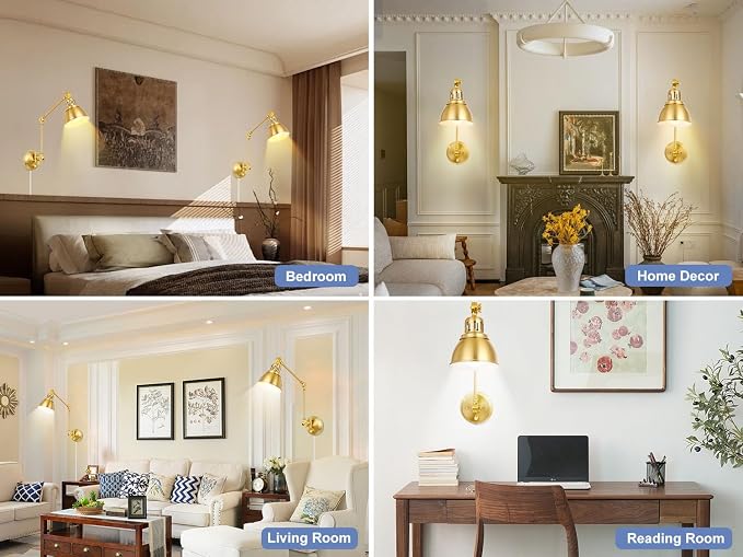 GOODATE 2 Pack Plug in Wall Sconces, Dimmable On Off Switch, Swing Arm Wall Lamps, Wall Sconces Set of Two, Gold Metal Industrial, Plug-in or Hardwired (Gold, Without Bulbs+Remote)