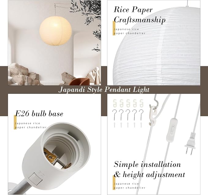 20in Paper Lanterns Plug in Hanging Lamp White, 19.7FT Cord | Rice Paper Lamp Lantern Pendant Light Large Globe Japanese Japandi Wabi Sabi Chandelier for Dining Living Room Bedroom 1 Pack