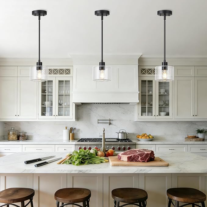 Black Pendant Lights Kitchen Island, 1-Light Modern Clear Glass Hanging Light Fixtures with Rods, Mini Kitchen Pendant Lighting Over Island for Sink Bathroom, OS-YQ8153-1PBKC