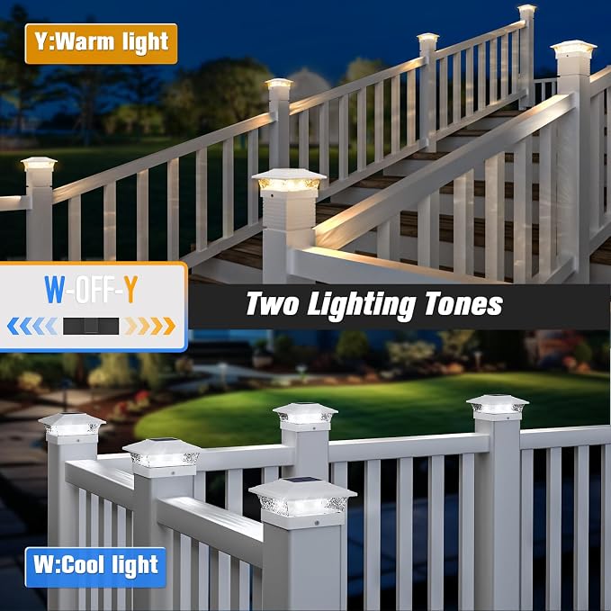 Solar Post Cap Lights Outdoor 12pack, Waterproof Fence Post Lights with 16 Ultra Bright LEDs Fit 4x4/5x5/6x6 Wood/Vinyl Posts, White Deck Post Lights with Warm/Cool White for Garden Patio Porch Yard