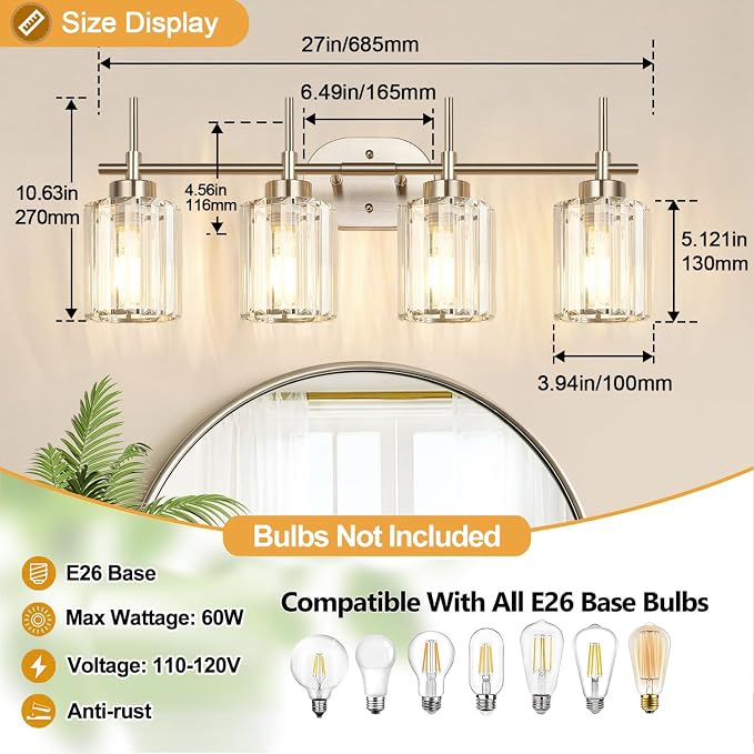 Modern Crystal Vanity Light Fixtures, 4-Light Brushed Nickel Bathroom Vanity Lighting Over Mirror, Bathroom Light Fixture with K9 Clear Crystal Shades for Bedroom, Living Room, Hallway