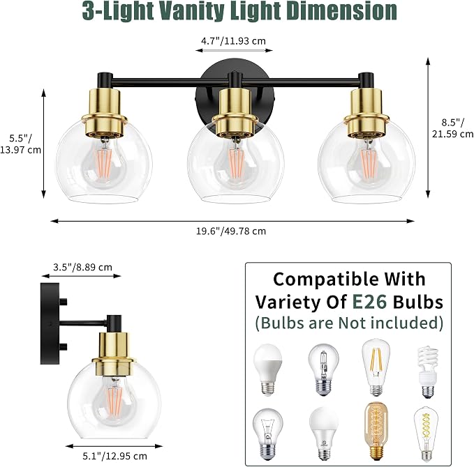 3 Light Bathroom Light Fixtures, Black and Gold Bathroom Vanity Lights, Modern Vanity Lights 3-Light Globe Bathroom Vanity Lighting Fixture Over Mirror