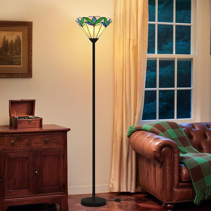 Stained Glass Floor Lamp with Tree Leaf Pattern, Vintage Style Torchiere Floor Lamp, Tall Corner Pole Lamp with Foot Switch, Antique Decorative Standing Reading Light for Living Room Bedroom(E26 Base)