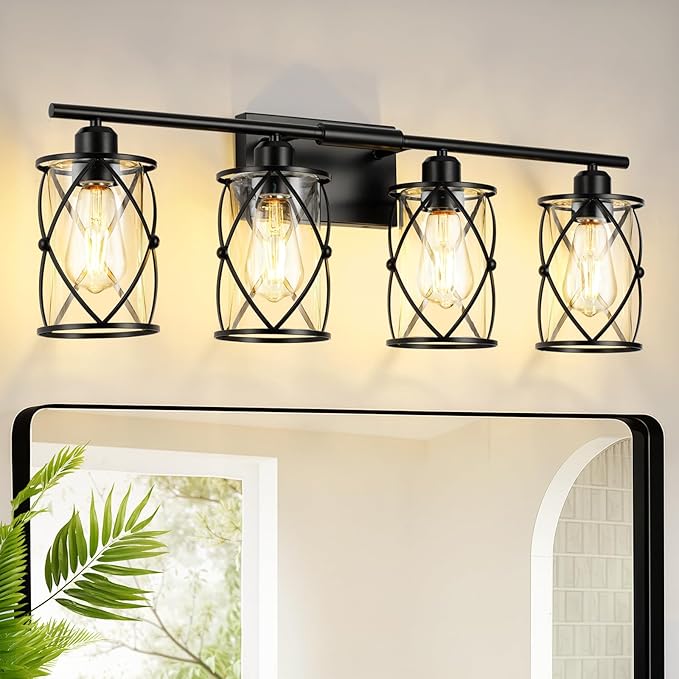 4-Light Black Bathroom Light Fixtures, 29 Inch Modern Bathroom Vanity Lighting Fixtures Over Mirror with Clear Glass and Metal Cage Wall Sconce Lights for Bath, E26, CH9176BK-4W