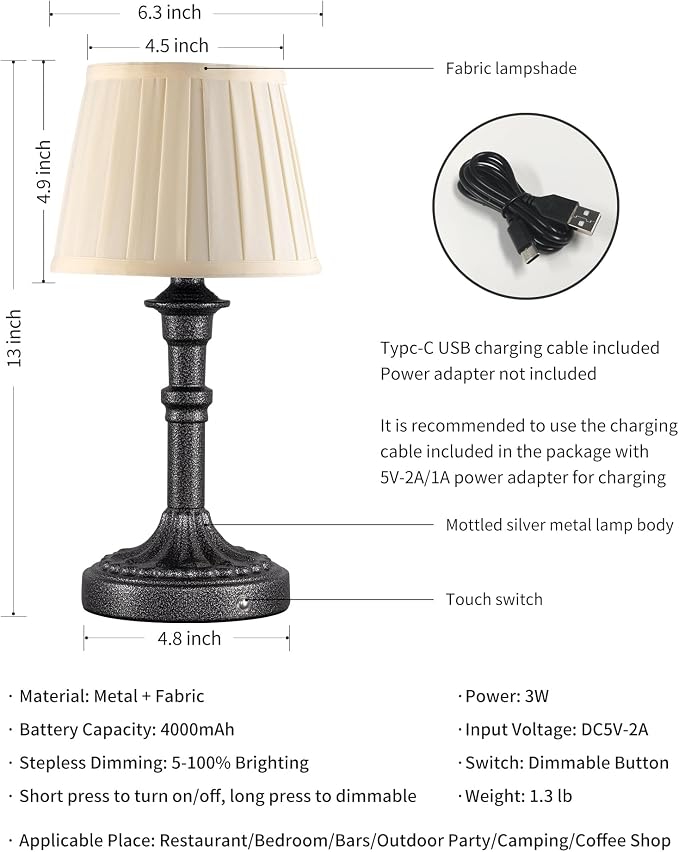 KDG Mottled Silver Cordless Table Lamps Set of 2, Beige Fabric Shade Light | 2700K Stepless Dimmable 4000mAh Battery Powered Portables Small Desk Lamp, LED Lighting for Living Room, Dining Room, Bedroom