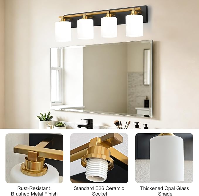 Black and Gold Bathroom Light Fixture, Modern 4 Light Vanity Lights for Bathroom Lighting Fixtures Over Mirror, White Glass Lampshade, Master & Guest bathrooms Bathroom Remodel, 27.5-inch
