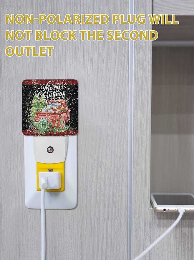 Christmas Night Lights Plug into Wall LED Night Light Christmas Tree Truck with Gift Red Plaid Automatic Dimmable Dusk-to-Dawn Square Shaped Smart Nightlight for Bathroom/Bedroom