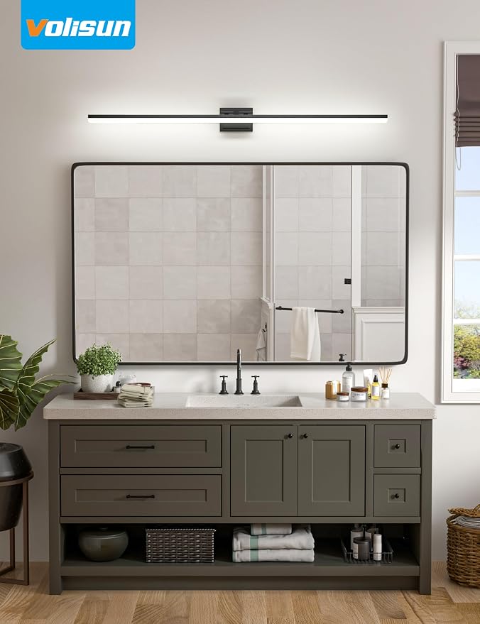 VOLISUN Modern Bathroom Vanity Light 55 inch, 45W Dimmable 5CCT Led Bathroom Light Fixture Over Mirror, Black Bar Vanity Light for Bathrooms Mirror Cabinets Bedroom