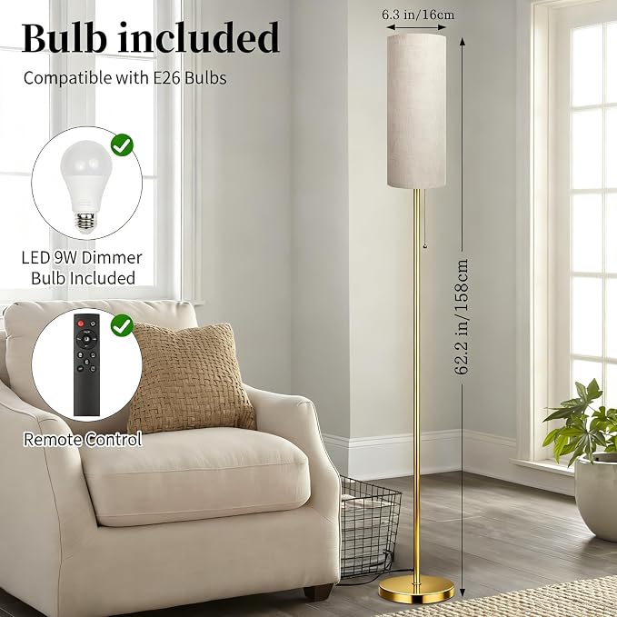 Floor Lamps for Living Room with RGB Color Changing Bulb Dimmable Color Brightness Standing Lamp with Remote Tall Lamps with Chain Switch for Bedroom Office 9W LED Bulb Included, Gold Body RGB Bulb