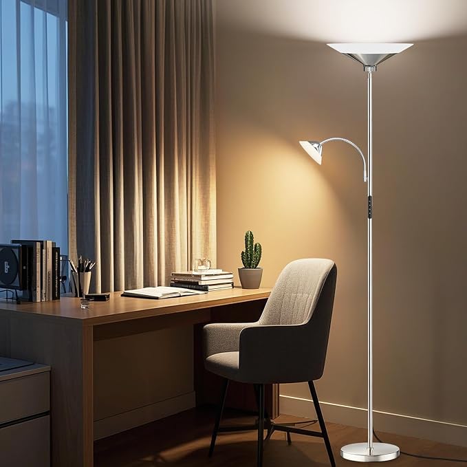 Metallic Sliver Torchiere Floor Lamp, 2 Way 72'' Dimmable LED Standing lamp with Rmote, Multi Color Temps, 34W Tall Light with Independent Control for Living Room Bedroom Office Reading ﻿
