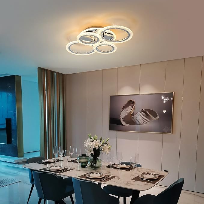 Garwarm Modern LED Flush Mount Ceiling Light with Remote, 4 Ring Chrome 58W | Low Profile Ceiling Light Fixture,Dimmable 3000K-6000K Adjustable Color Temperature,Bubble Acrylic, for Living Room, Bedroom