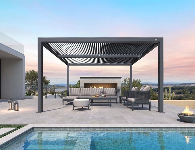 PURPLE LEAF Louvered Pergola 94AS 11' x 13' w/ 1L2W Side Shade Screen Grey | Modern Sleek Design With Adjustable Textilene Sunshade, All-Aluminum Rustproof, Fits 11X13 Spaces, 2 Adjustable Roofs