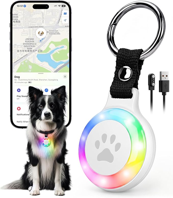 Pet Tracker for Cats and Dogs, Works with Apple Find My, No Monthly Fee | Compatible with iPhone,IPX7 Waterproof, RGB LED Night Light, Paw Print Design, 360-Day Battery, Lightweight Pet Collar Tag