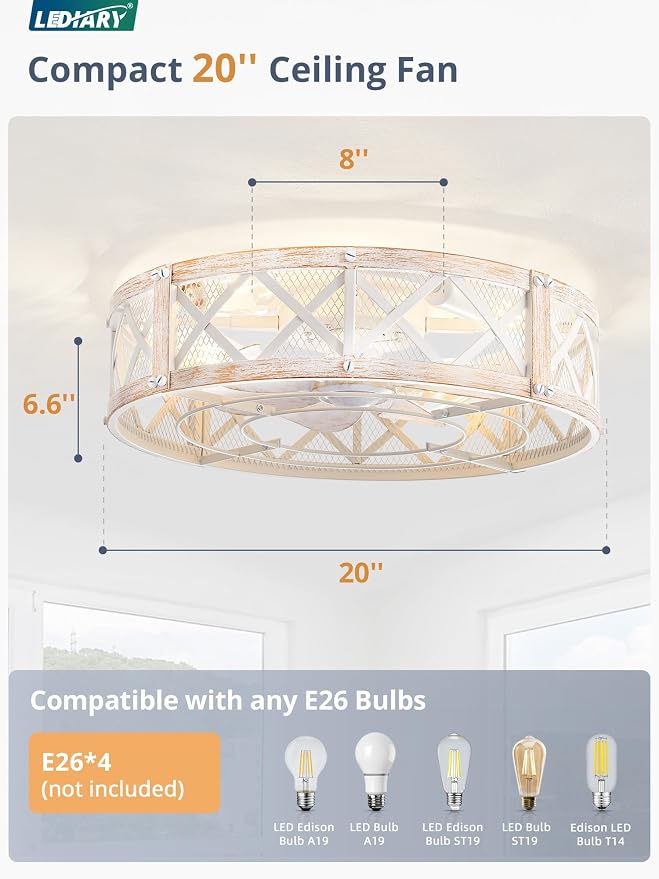 LEDIARY 20" Caged Farmhouse Ceiling Fan with Light, Flush Mount, White Gold | Remote&APP Control, Small Low Profile, Rustic Fandaliers, Industrial Bladeless Enclosed, Powerful Motor for Bedroom, Kitchen