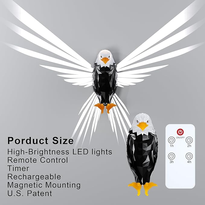 Bald Eagle Wall Light with Remote Control - Magnetic Mounted American Eagle Lamp, Battery Operated and Removable Charging for Indoors
