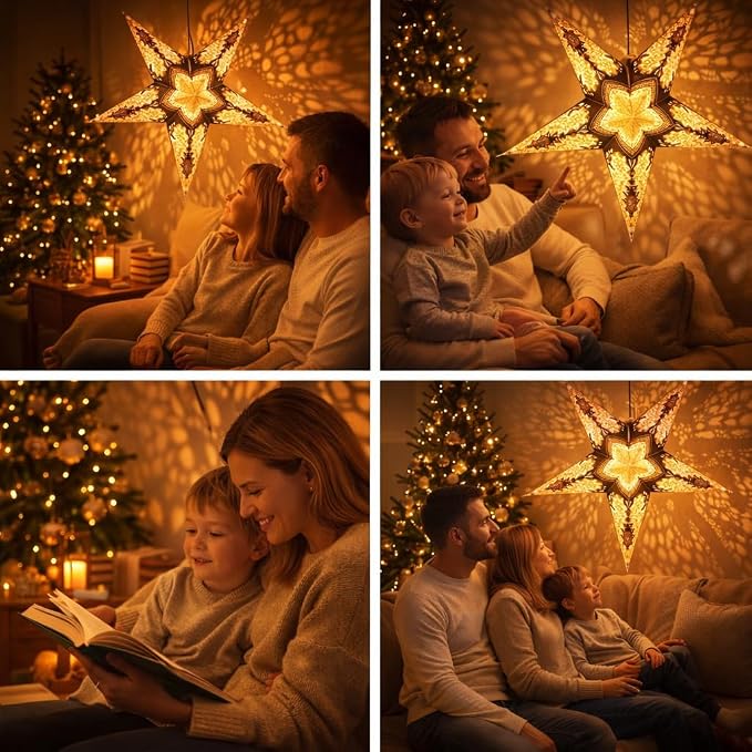 Lantern Lampshade Paper Star Light Shades Large 60cm Hanging Decorations for Christmas Wedding Home Decoration Birthday Party Foldable 5 Pointed Star (Glitter Black, Golden, Brown)