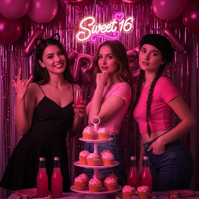 Sweet 16 Neon Sign, LED 16th Birthday Party Decor Light 16.1"X8.6" | USB Powered with Dimmer Switch Sixteen 16th Birthday Party Decorations for Girls Light Up for Wall Decor Room Decor Aesthetic