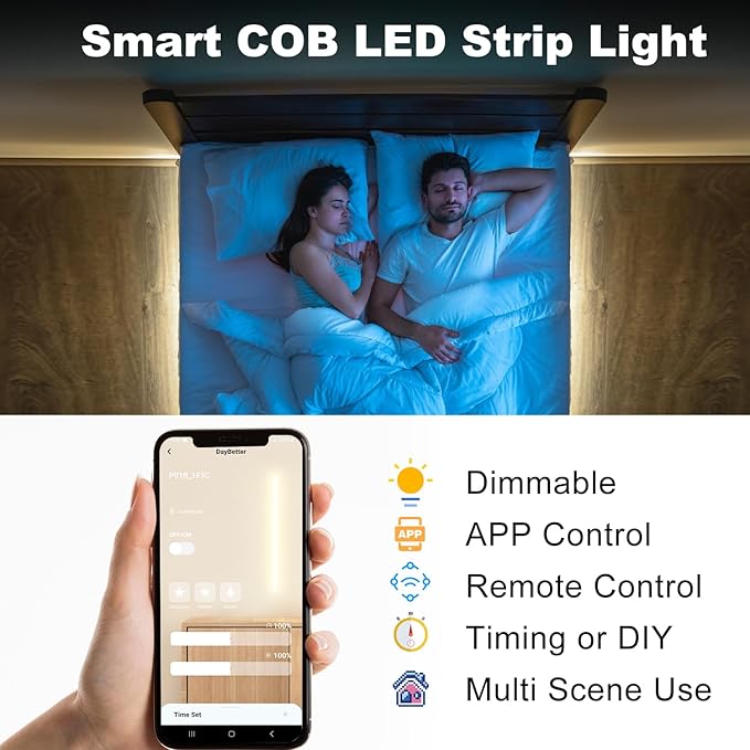 DAYBETTER COB LED Strip Lights, 32.8 ft/10 m 3200 LEDs Bright Natural White LED Light Strips with Remote and App, 4000K Dimmable LED Tape Light, Indoor COB LED Lights for Bedroom DIY Lighting