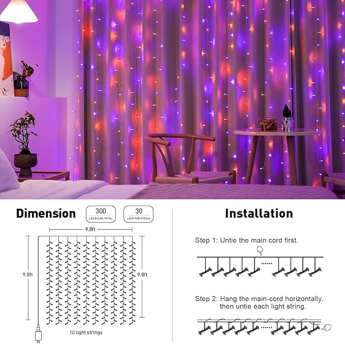 JMEXSUSS 300LED Halloween Curtain Lights, Orange and Purple, 9.8x9.8ft | Remote, Plug in, Window Twinkle Hanging String Lights, For Bedroom, Wall, Party, Backdrop, Yard, Indoor, Outdoor Decor