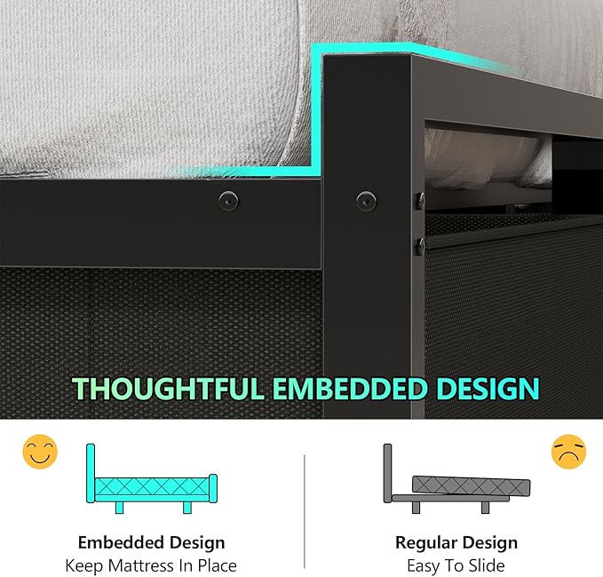 Full Size Bed Frame with Headboard and Charging Station,2 Storage Drawers | Wood Headboard with LED Lights & 2-Tier Storage Shelves, Full Platform Bed with Under Bed Storage, No Box Spring Needed