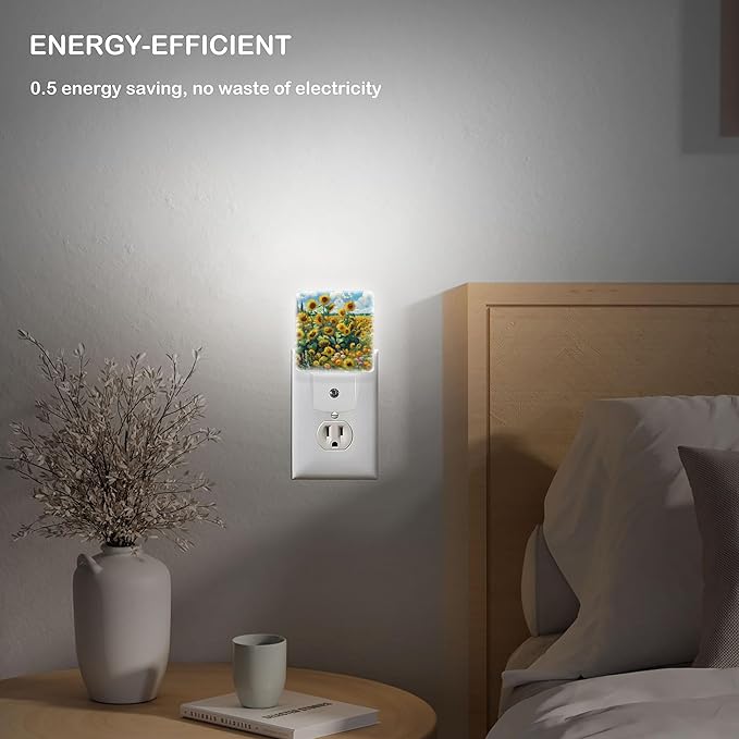 LED Night Light Lamp with Smart Sensor Dusk to Dawn Sensor,Sunflower Field Cypress Trees And Sky With Swirling Clouds Night Light Daylight White,0.5W Plug-into Wall for Adults,Bedroom,Bathroom