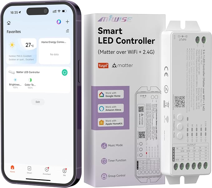 MIWISE Matter LED Controller,Dimmable WiFi Controller for LED Strip Light,Works with Alexa/Google Assistant/Homekit/Apple Home/Siri,for Single Color/CCT/RGB/RGBCCT/RGBW COB LED Strip Light,DC12-48V